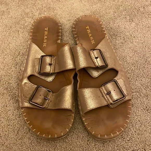 Trask | Shoes | Trask Gold And Brown Buckle Up Slides | Poshmark display picture 3